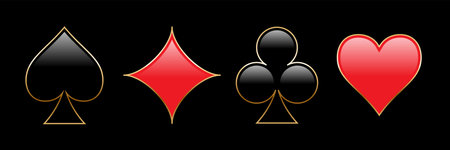 Playing card suits set. Poker cards black spade, club and red diamond, heart isolated on black...