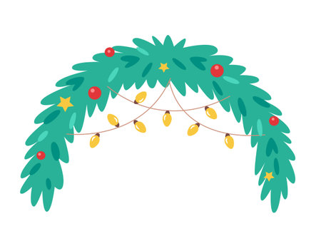 Christmas garland. Xmas green fir branch decorated with red balls, yellow stars, and string lights. Festive winter holiday element. Vector illustrationのイラスト素材