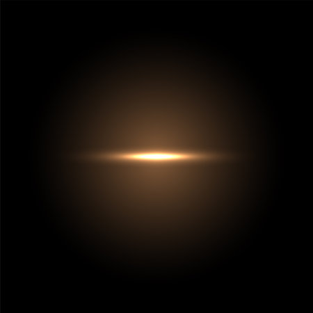 Shine light with flash effect. Golden glow line glared on black background. Bright sparkling vector illustration. Flash of light with ray beams in space. Abstract sunshine sparkle glareのイラスト素材
