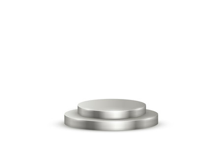 Silver podium for awards or product display vector illustration. Empty 3d platinum stage on white background. Luxury elegant platform for cosmetics presentation, ceremony pedestal for winnersのイラスト素材