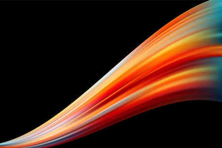 Glowing curved energy streak red orange. Abstract dynamic light wave with motion blur on black background. Futuristic technology flow, speed trail, vibrant gradient stream. Vector illustrationのイラスト素材