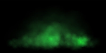 Green fog or smoke cloud on black background. Realistic smoke effect vector illustration. Gas cloud, smoky mist, toxic vapor, meteorological phenomenon, condensation over land or water surfaceのイラスト素材