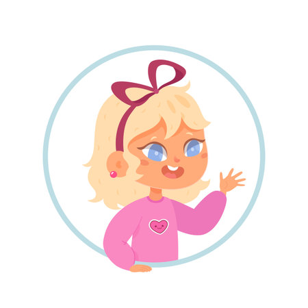 Avatar of smiling and greeting girl. Child face character icon. Colorful cartoon funny flat vector illustration isolated on white background. Blonde kid with a bow greets her friendsのイラスト素材