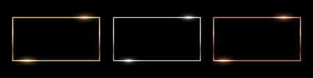 Gold, silver and bronze rectangle thin frames. Horizontal metal photo or picture frames isolated on black background. Simple object mockup. 3d realistic empty template vector illustration setのイラスト素材
