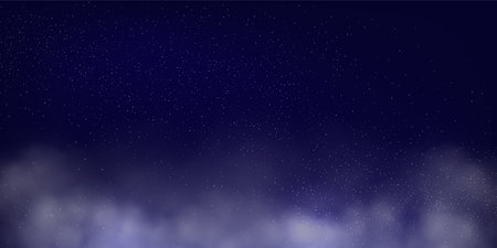 Star universe night blue black sky with shining stars, cosmic dust and white clouds in the bottom. Magic universe background. Fantasy sky backdrop. Realistic vector Illustrationのイラスト素材