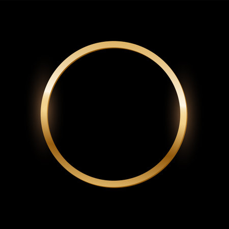 Golden round photo frame on black background. Gold circle button. Blank space for picture, painting, card. 3d realistic empty template vector illustration. Simple object mockupのイラスト素材