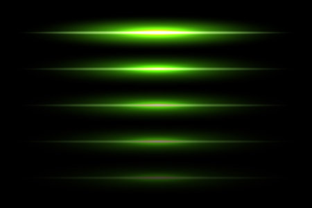 Neon light laser green lines with flash effect. Abstract night electric beams, fluorescent led light rays. Modern futuristic vector collection isolated on black backgroundのイラスト素材