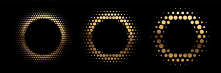 Gold dotted round patterns. Golden frames with halftone effect. Abstract shining background with light glow elements. Glitter pattern circle emblem. Modern futuristic graphic vector illustration setのイラスト素材