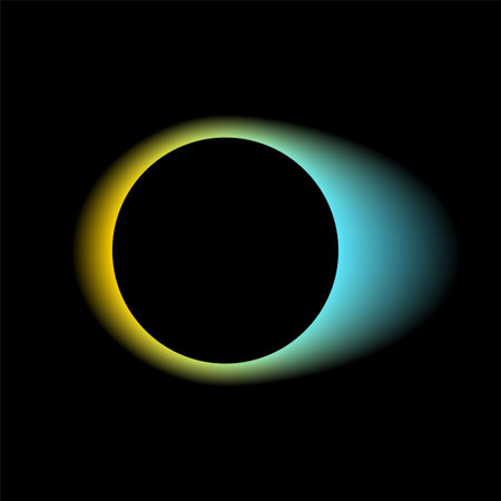 Neon color round frame with gradient effect. Blurred yellow blue light circle background. Abstract blending colored bright icon. Colorful geometric graphic vector illustration isolated on blackのイラスト素材