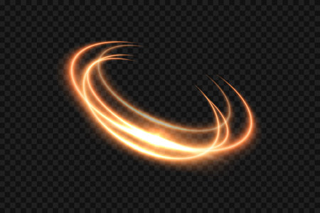 Golden light neon glow swirl background. Gold light glowing circle line of neon effect. Shiny spiral spin ring with flare and flash. Vector illustration of glitter sparkle swirl trail effect on blackのイラスト素材