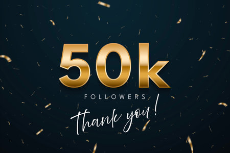 50k followers celebration banner. 3d social media achievement poster. Fifty thousand followers thank you lettering with golden sparkling confetti ribbons on dark blue background. Vector illustrationのイラスト素材