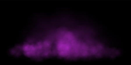 Purple fog or smoke cloud on black background. Realistic smoke effect vector illustration. Gas cloud, smoky mist, toxic vapor, meteorological phenomenon, condensation over land or water surfaceのイラスト素材