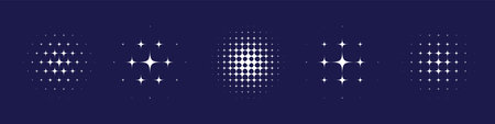 Abstract halftone star dotted round patterns. White geometric shapes with gradient effect on dark blue background. Minimalistic, futuristic, graphic vector illustrations setのイラスト素材
