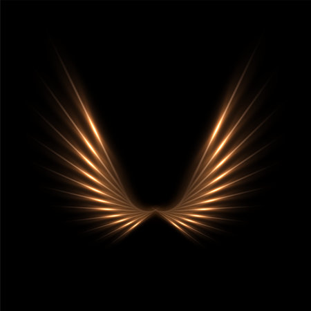 Golden light wings with glowing on black background. Abstract gold light glowing wings with neon effect. Futuristic shiny vector illustrationのイラスト素材