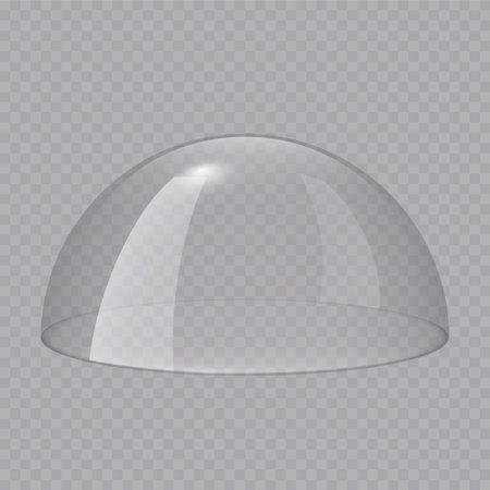 Glass dome, transparent ball, clear plastic cover. Empty glass protection case for product display. Force field shield bubble. Christmas snow globe. 3D realistic vector isolated on transparentのイラスト素材