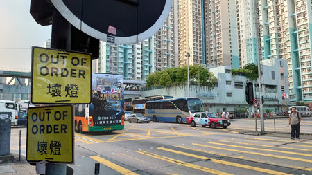 Hong Kong - Oct 10, 2019: Scene of signs of traffic lights Out Of Order at a crossroads when all...