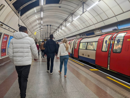 London, UK - 04.24.2022: Passengers walking on the platform while a Victoria Line train is closing its door, ready to depart in the Angel Station under a curved tiled ceiling during the pandemicのeditorial素材