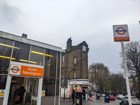 Street view of Stoke Newington Overground station entrance with classic London architecture