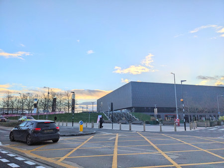 Vibrant street scene outside Londons Copper Box Arena with car and pedestrian movementのeditorial素材