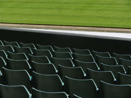 Rows of green plastic seats on a sunny day and green lawn