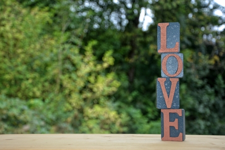 Blocks with Love lettering stacked high against natural backgroundの写真素材