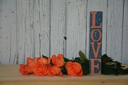 stacked blocks with Love lettering with orange rose in front of white wooden wallの写真素材