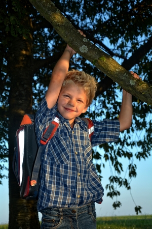 Little blond boy is hanging on the tree with schoolbagの写真素材