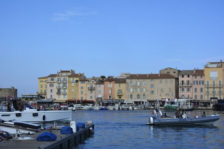 Luxury yachts at the port of Saint-Tropez on the French Riviera on the CÃ´te d'Azur in southern France , with water and blue sky with copy space,   in August 19.  2019のeditorial素材