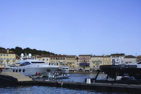 Luxury yachts at the port of Saint-Tropez on the French Riviera on the CÃ´te d'Azur in southern France ,  in August 19.  2019のeditorial素材