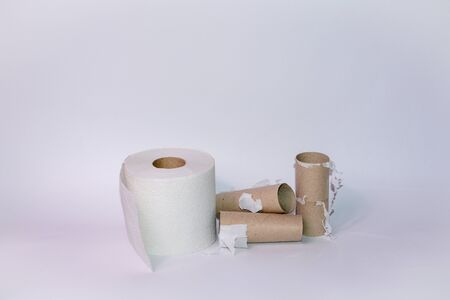 Empty and full toilet paper rolls on white background with plenty of copy spaceの写真素材