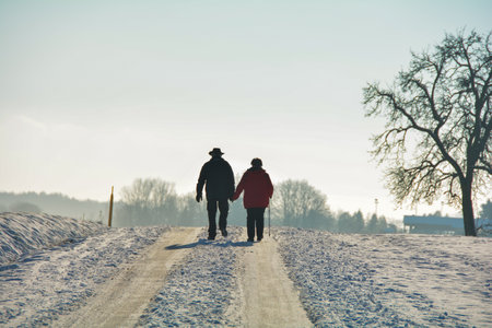 Two people from behind are walking on a road in nature, with lots of snow and bright sunの写真素材