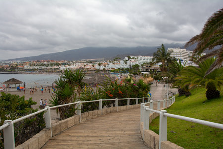 Pedestrian path to Torviscas Playa sandy beach, with palm trees and cloudy sky in Costa Adeje,...