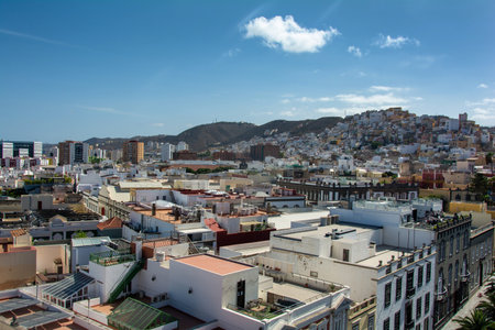Panoramic top view of the capital Las Palmas Gran Canaria in Spain with blue skyの写真素材