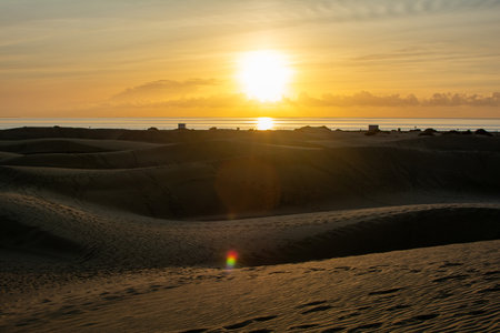 In the dunes of Maspalomas at sunrise on Gran Canaria in Spain. The huge sand dunes resemble a small desert and are a nature reserve.の写真素材