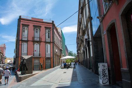 Las Palmas, Gran Canaria, Spain August 31, 2023 - Shopping street in the historic old town in the Vegueta districtのeditorial素材