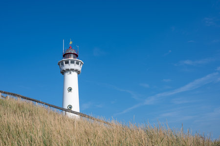 The approx. 28 m high white lighthouse J.C.J. van Speijk in Egmond aan Zee, North Holland, Netherlands, in the sand dunes with beach grassの写真素材
