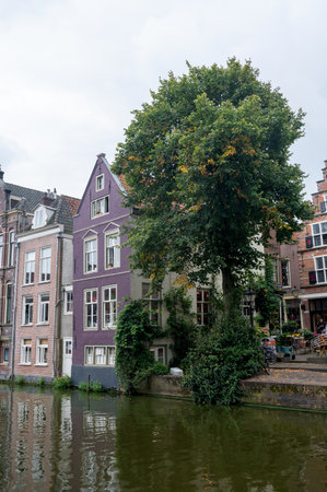 Colorful house facades on a water canal in the old town of Alkmaar in the Netherlandsの写真素材