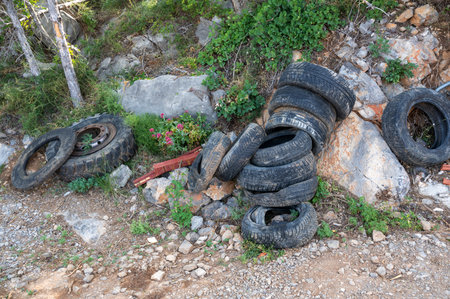 Old car tires lie on the side of the road in nature