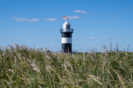 The "Little Prussian" lighthouse in the village of Wremen on the North Sea coast, in the Wursten region of the Cuxhaven district , Germany, Europe , with grasses in the foregroundの写真素材