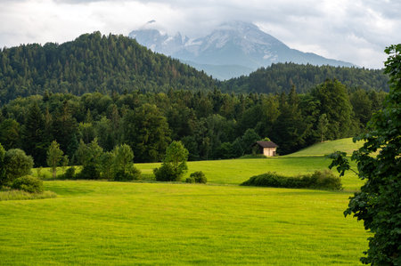 View of Watzmann Mountain with green meadows, forests, and a hut. A mountain range in the Berchtesgaden Alps in Bavaria, Germanyの写真素材
