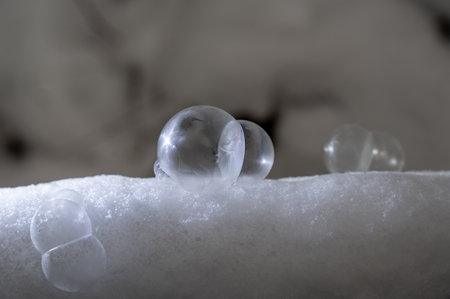 Frozen soap bubbles  in the snow, on a cold winter day in nature
