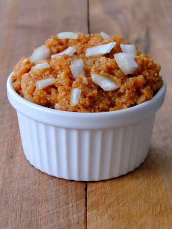 Vegetarian mincemeat on a wooden backgroundの写真素材