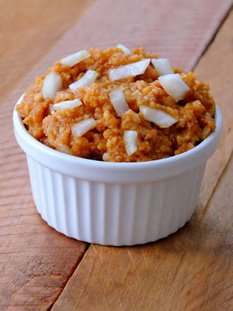 Vegetarian mincemeat on a wooden backgroundの写真素材