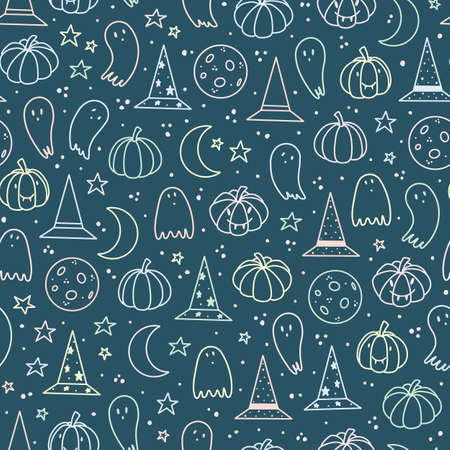 Dark blue pastel cute halloween repeat patternのイラスト素材