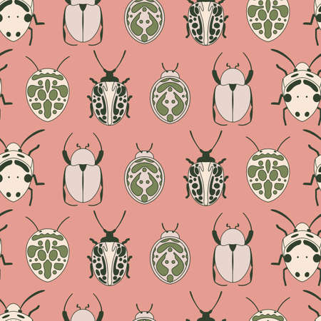 Coral pink bug beetle insects seamless patternのイラスト素材