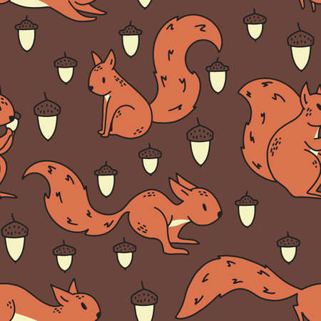 Brown squirrel acorn seamless pattern backgroundのイラスト素材