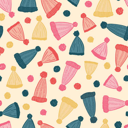 Vector wool cap winter party repeat pattern print in yellow, pink, navy blue and orange with pompomのイラスト素材