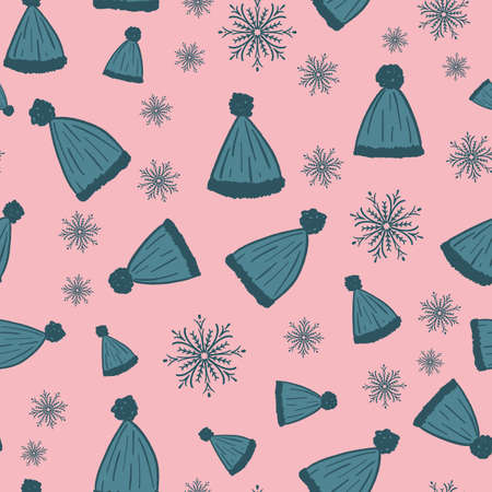 Blue wool caps with snowflakes pink repeat pattern background fabric printのイラスト素材