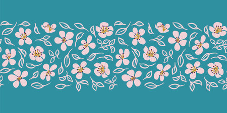 Teal blue retro floral stripe border repeat fabric print backgroundのイラスト素材
