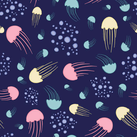 Cute jellyfish, pastel colors repeat pattern vector dark ocean backgroundのイラスト素材